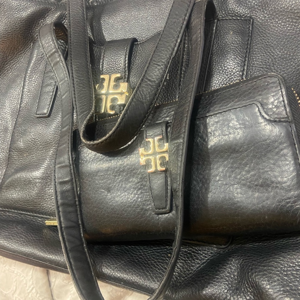 TORY BURCH Black Leather Tote and Wallet Set